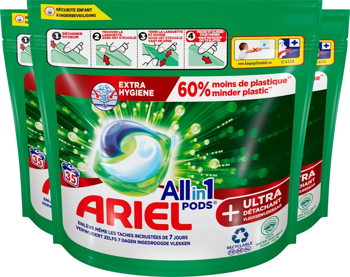 Ariel All In 1 Wasmiddel Pods+ Vlekverwijderaar - Wascapsules - Voordeelverpakking - 3 X 35 Wasbeurten 3 Ariel All In 1 Wasmiddel Pods+ Vlekverwijderaar - Wascapsules - Voordeelverpakking - 3 X 35 Wasbeurten
