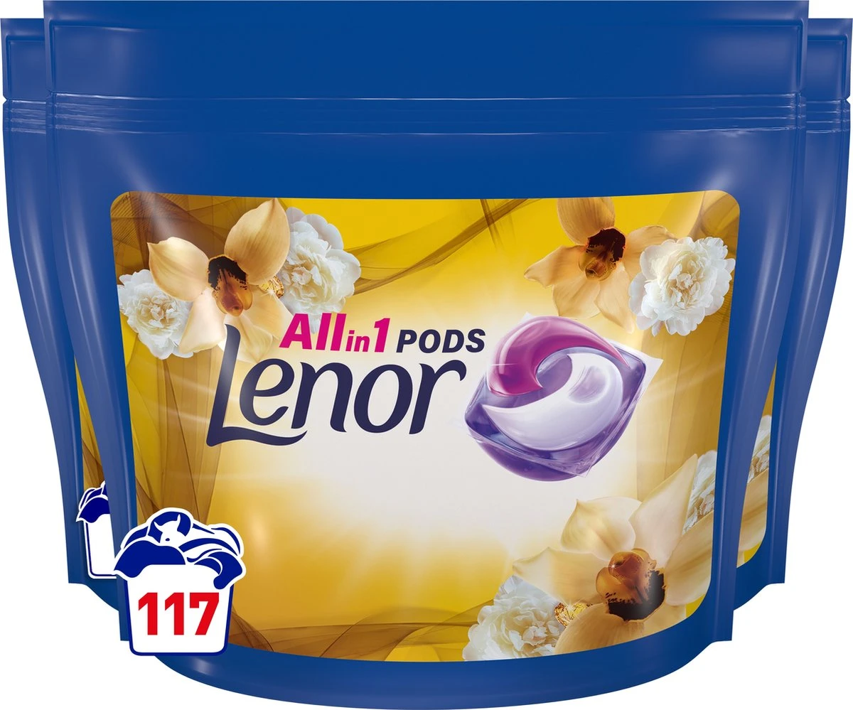 Lenor All In 1 Pods - Wasmiddel Pods - Gouden Orchidee - 3 X 39 Wasbeurten - Voordeelverpakking 3 Lenor All In 1 Pods - Wasmiddel Pods - Gouden Orchidee - 3 X 39 Wasbeurten - Voordeelverpakking